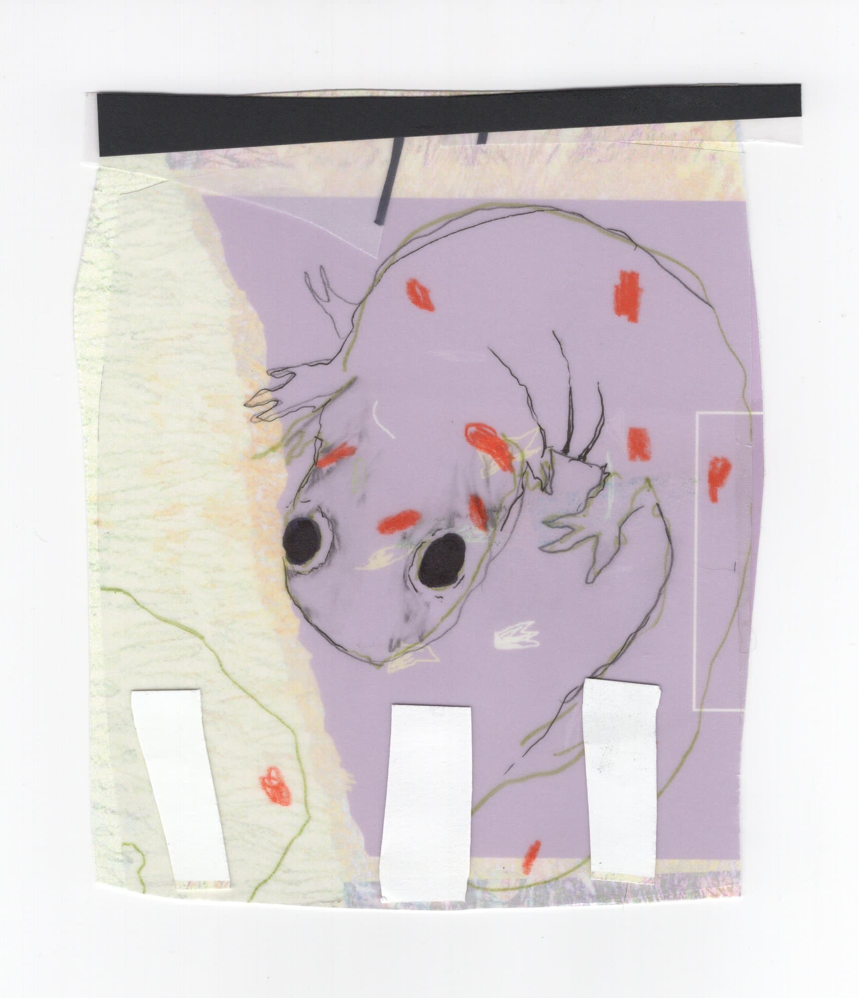 Chris Schultz, work on paper: purple creature with collaged strips