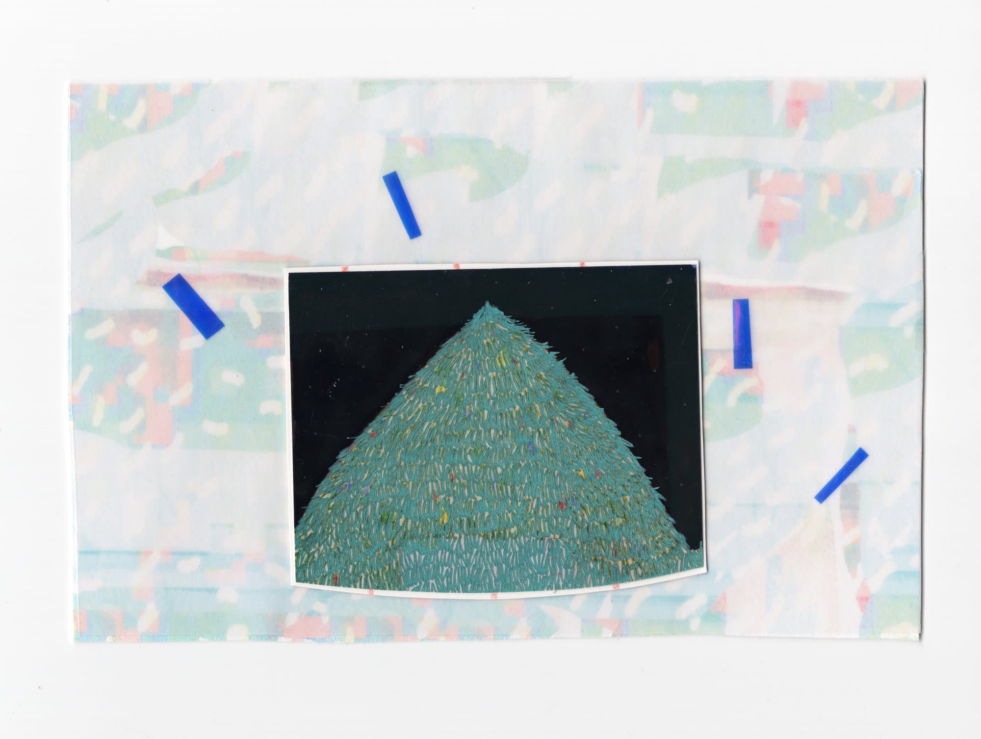 Chris Schultz, collage: dark mountain form on a pale patterned ground