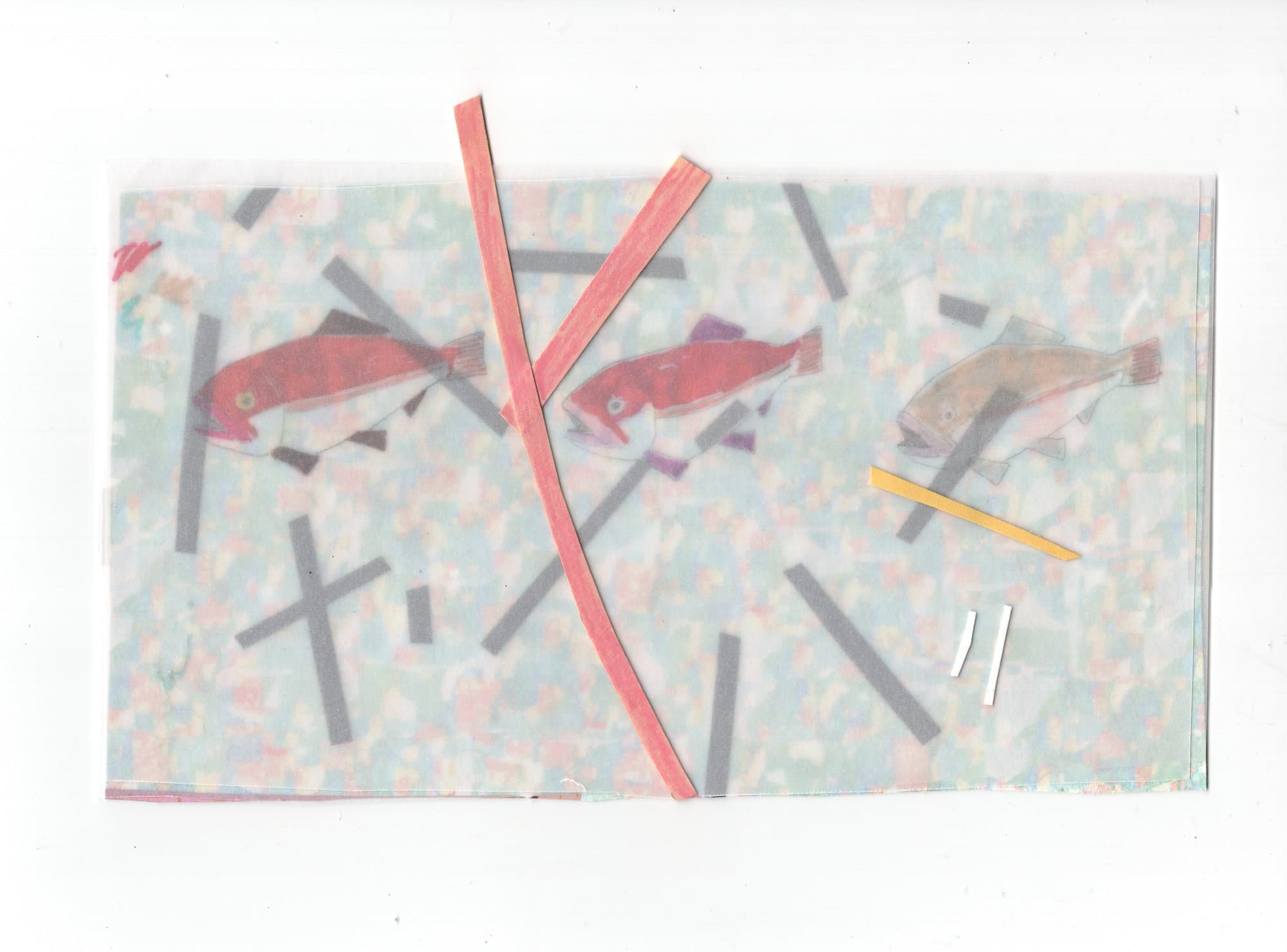 Chris Schultz, collage: red and gray marks scattered on white