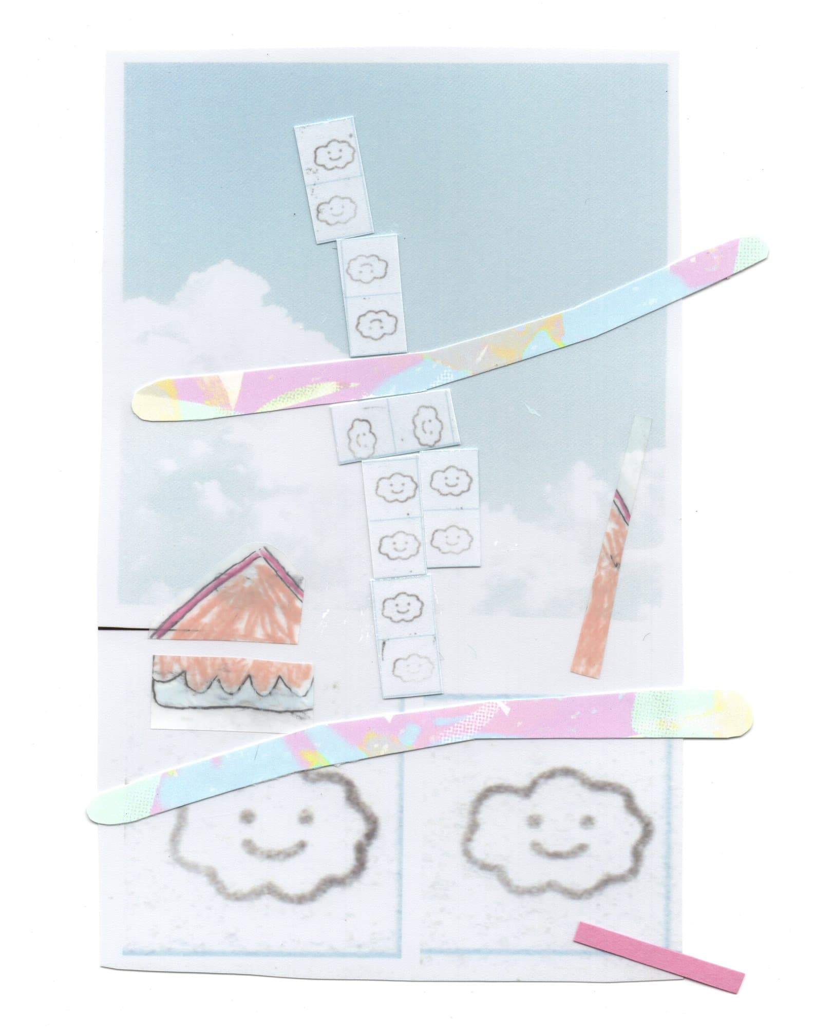 Chris Schultz, collage: clouds with smiling faces over pastel strips