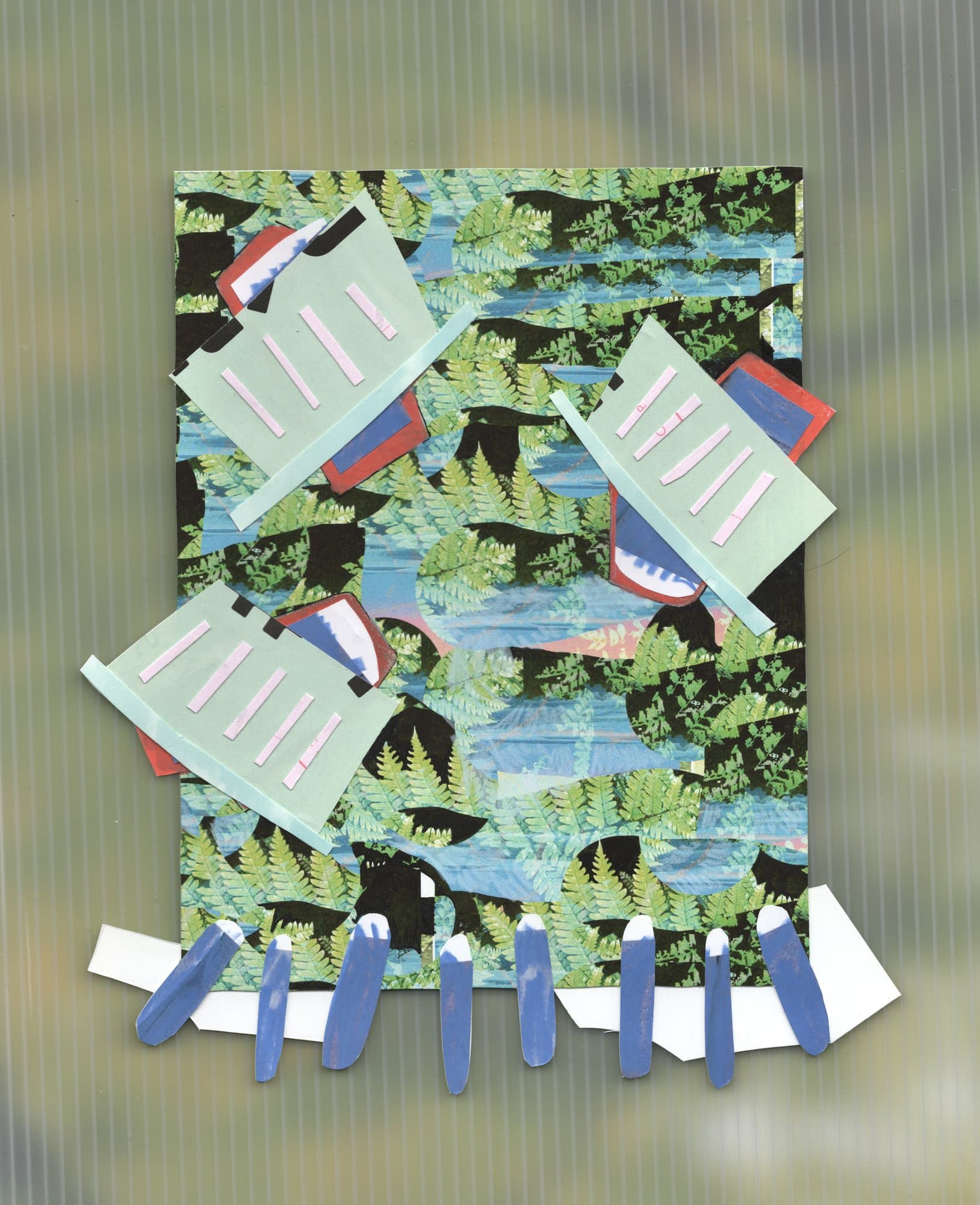 Chris Schultz, collage: layered green landscape with paper fragments