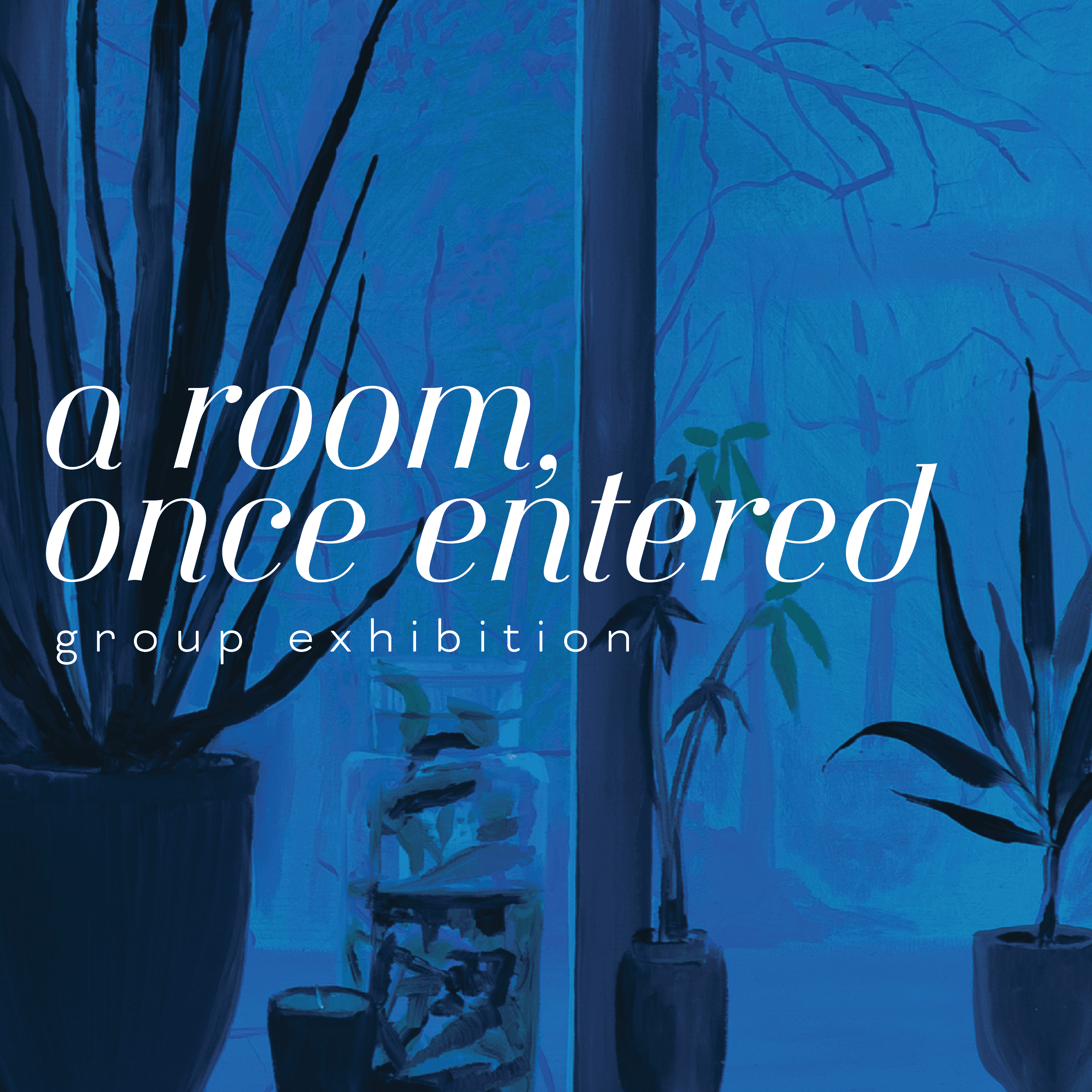 Blue-toned exhibition graphic reading a room, once entered