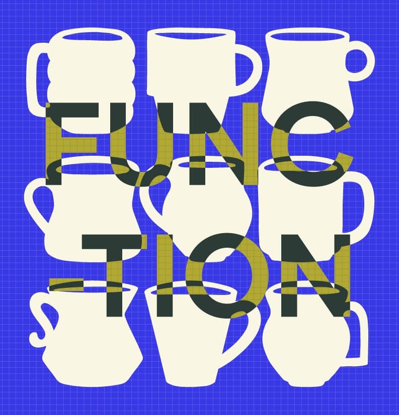 FUNCTION exhibition graphic with rows of mugs on a blue ground