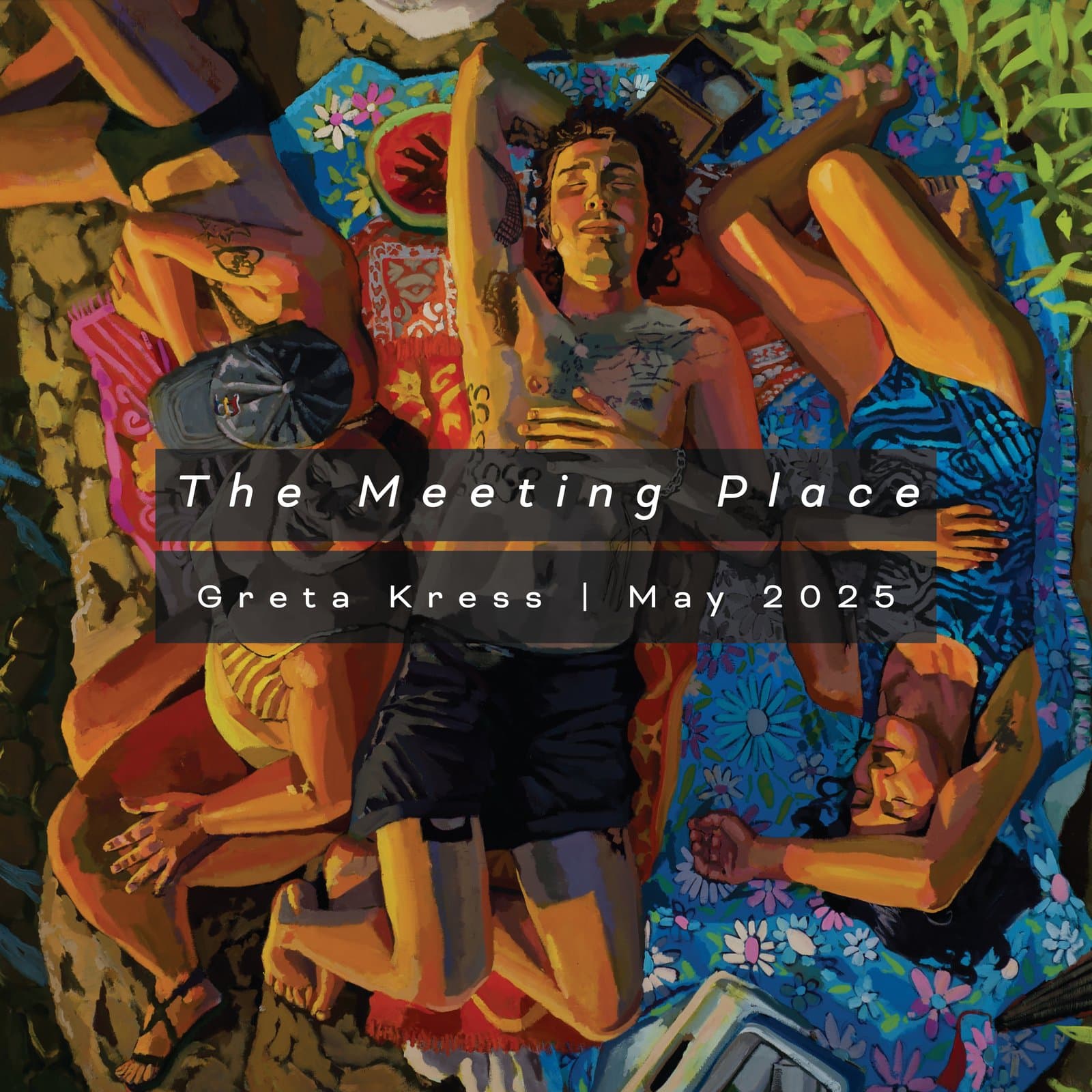 The Meeting Place by Greta Kress: figures resting in a dense painted landscape