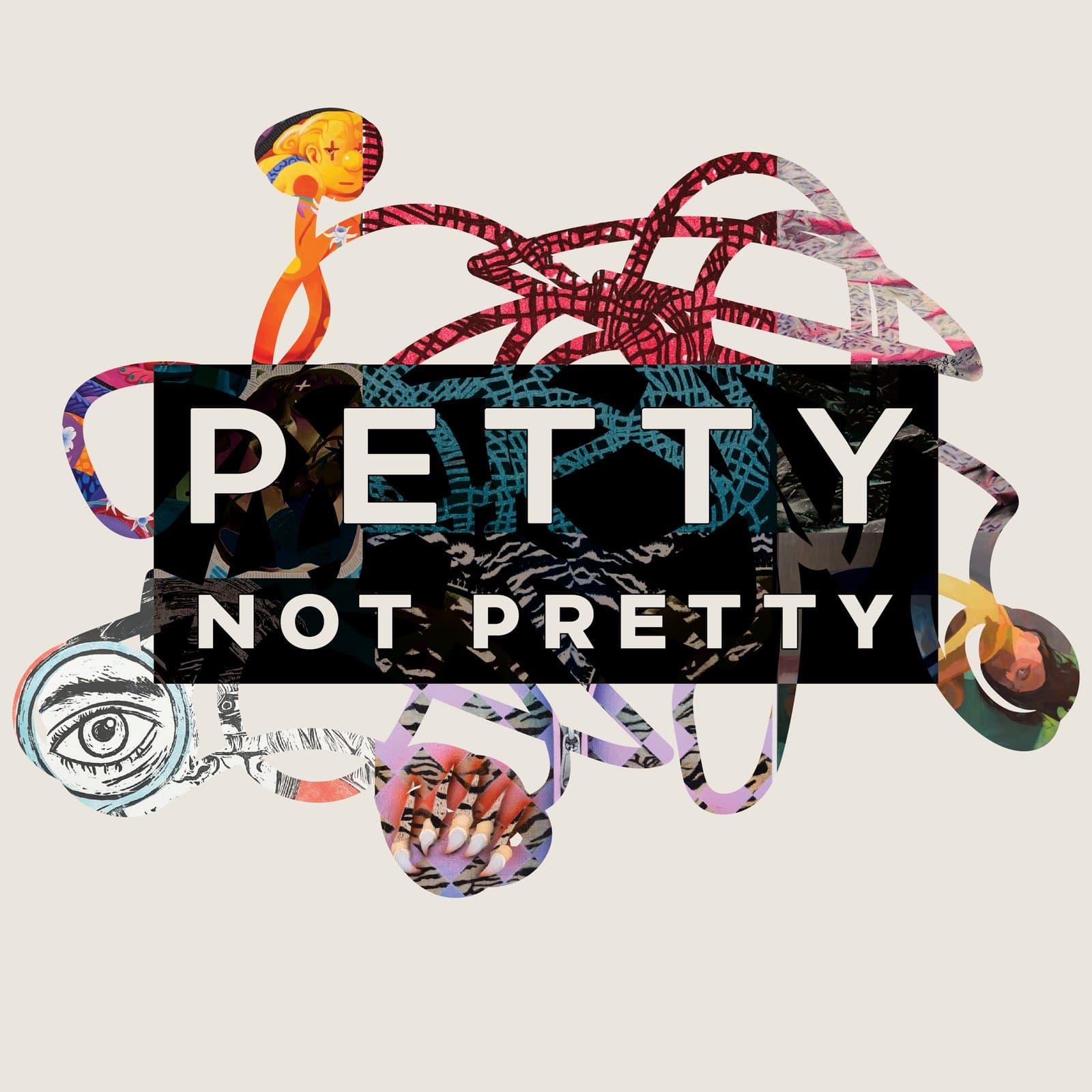Petty Not Pretty exhibition graphic with tangled cord forms