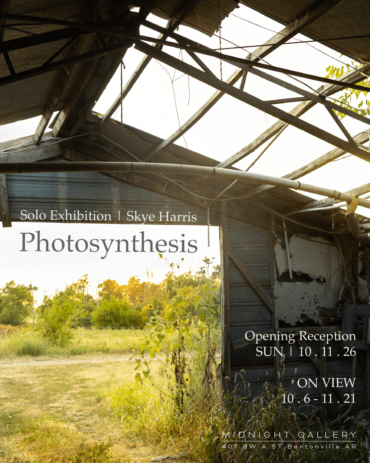 Photosynthesis exhibition poster showing sunlight entering a weathered farm structure